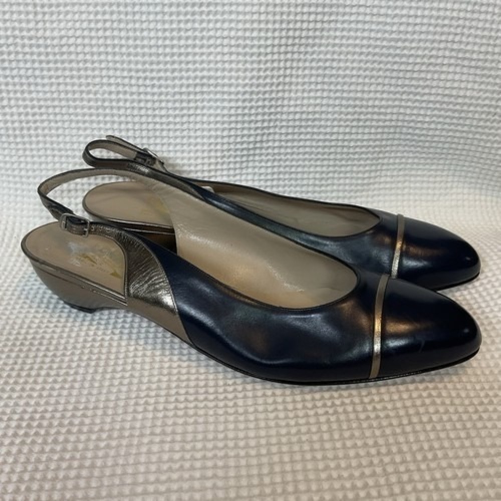 Salvatore Ferragamo Lisetta Navy/Silver SlingBack Low Heel Pumps Women 10B Italy